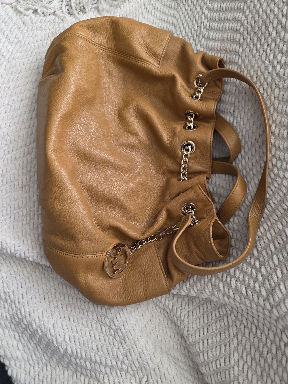 Michael Kors Cognac Leather Shoulder Bag with Gold Chain Accents